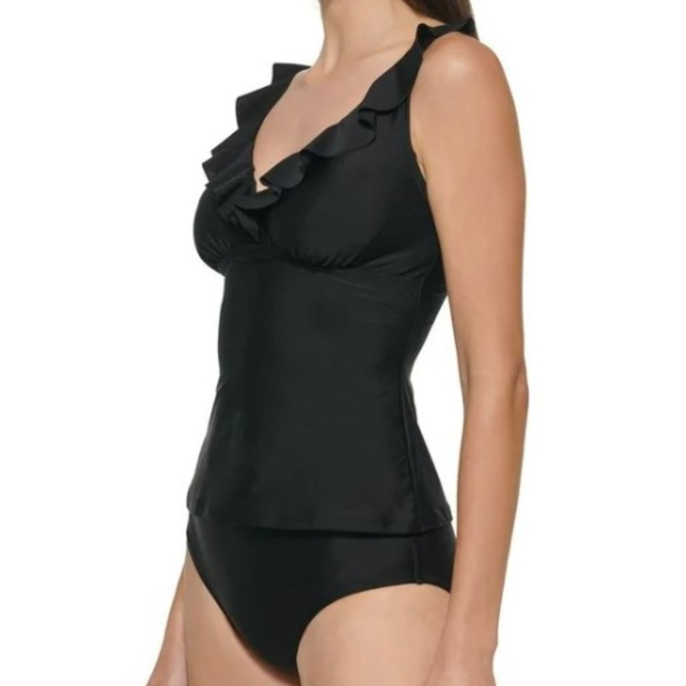 NWT  DKNY Two Piece Black Ruffled Neck Tankini, Swimsuit, Bathing Suit  …